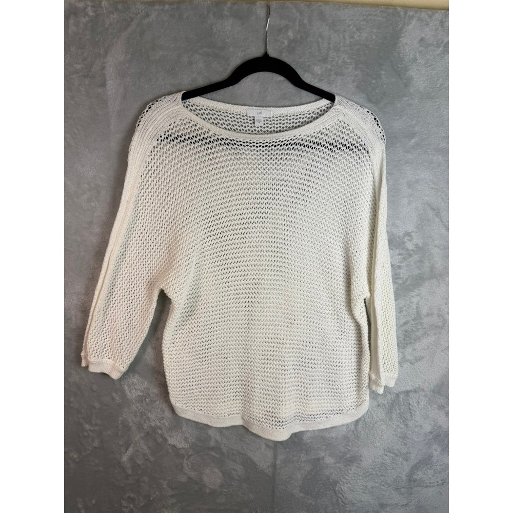 J JILL Open crochet Knit Sweater Women XS Ivory Cotton Blend 3/4 Sleeve Pullover